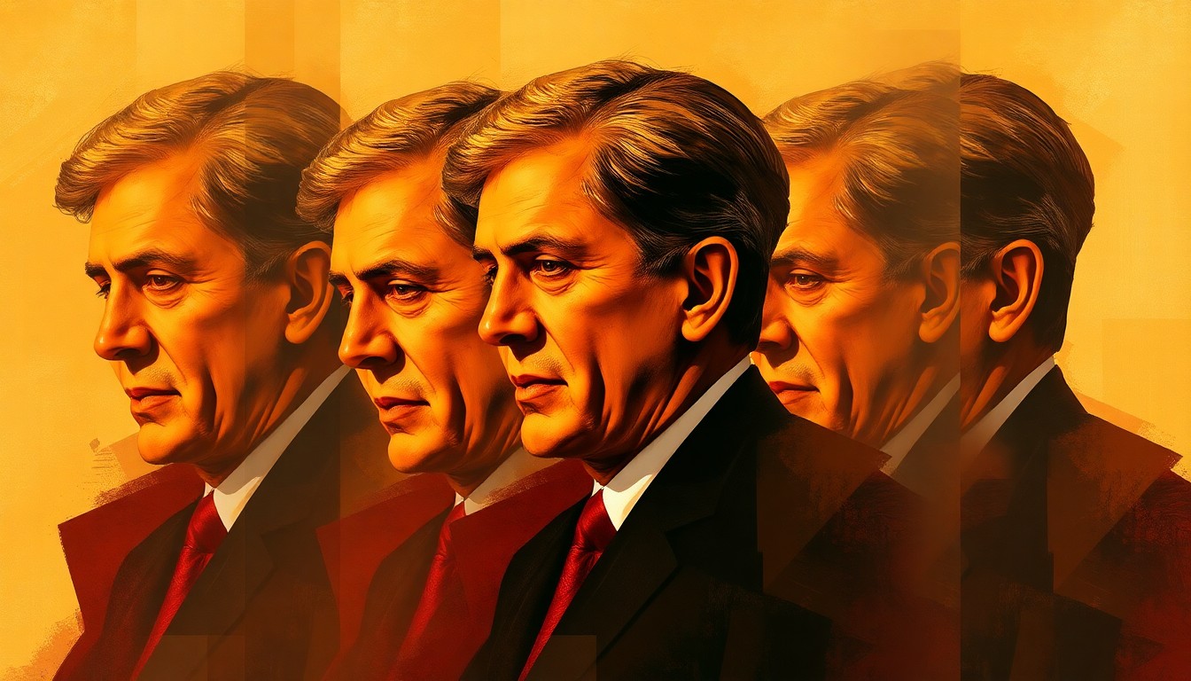 A dynamic, abstract painting featuring a fragmented, overlapping figure in motion, rendered in warm, earthy tones that convey the internal struggles and shifting dynamics within the Republican Party.