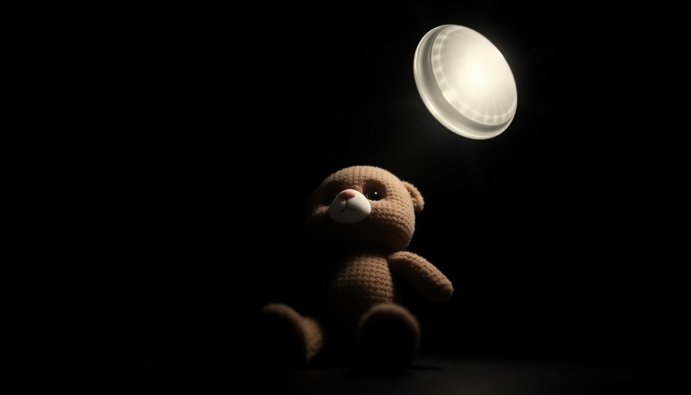 An extreme close-up photograph of a small, worn stuffed animal against a pitch-black background, conveying a sense of darkness and investigation without depicting any literal violence or victims.