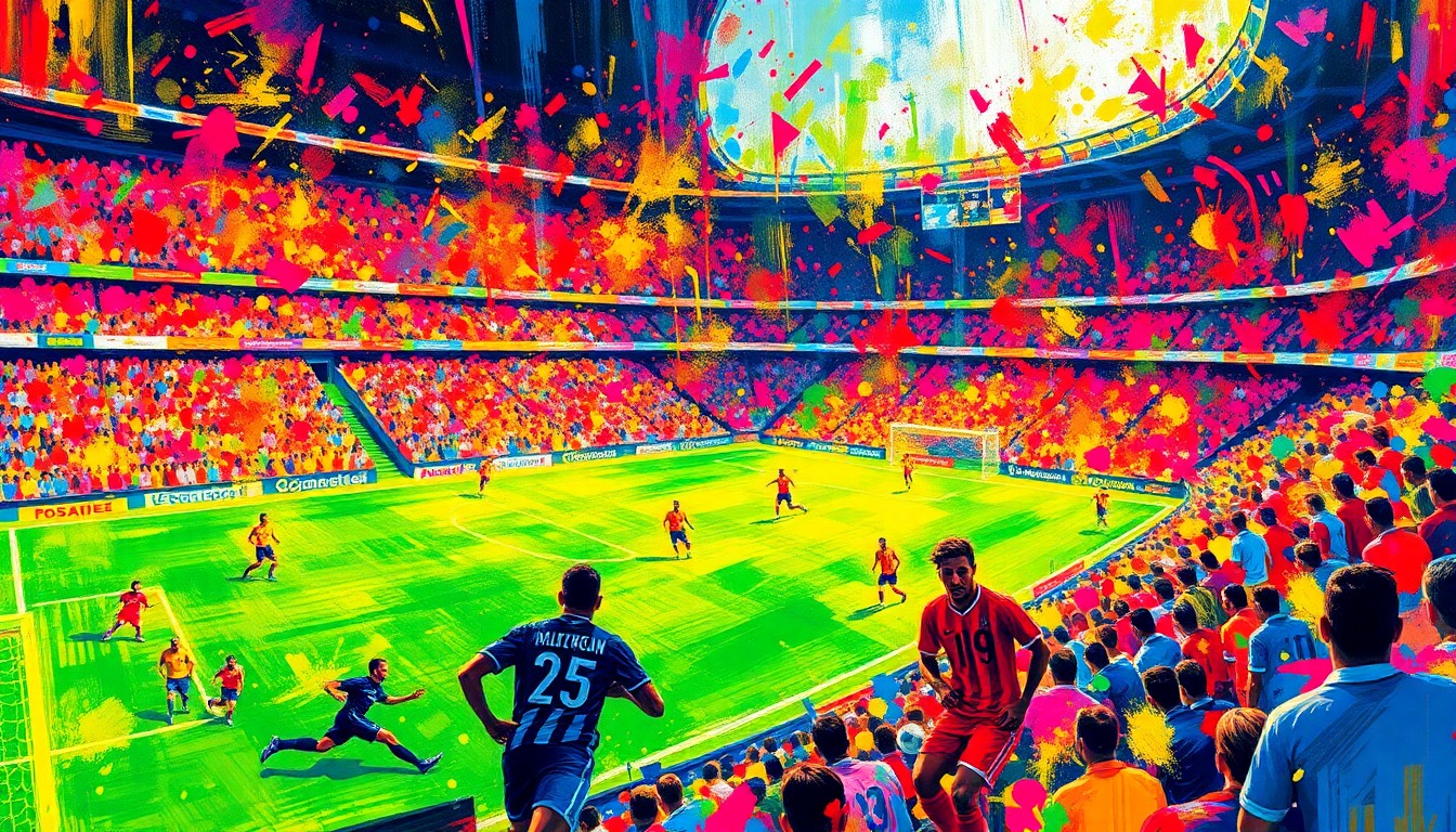 An abstract, expressionist painting featuring vibrant brushstrokes of neon colors, capturing the energy and excitement of a packed soccer stadium.