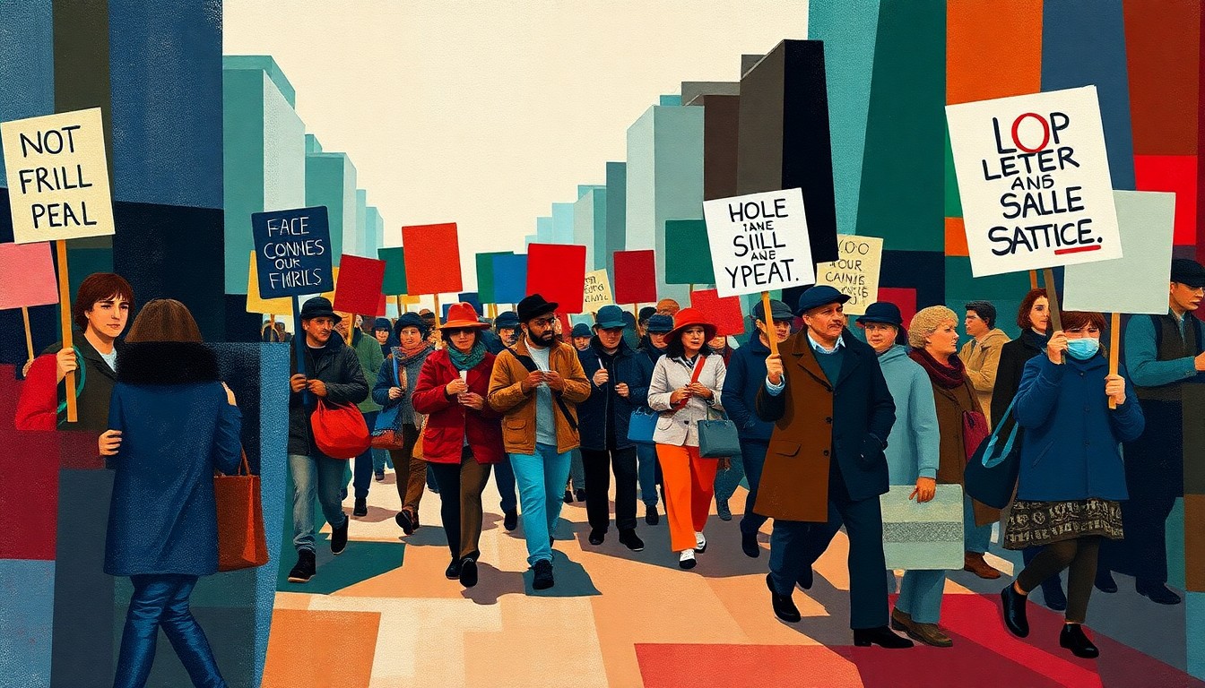 A dynamic, fragmented painting depicting a crowd of protesters marching with signs, conveying the energy and urgency of the political demonstration.