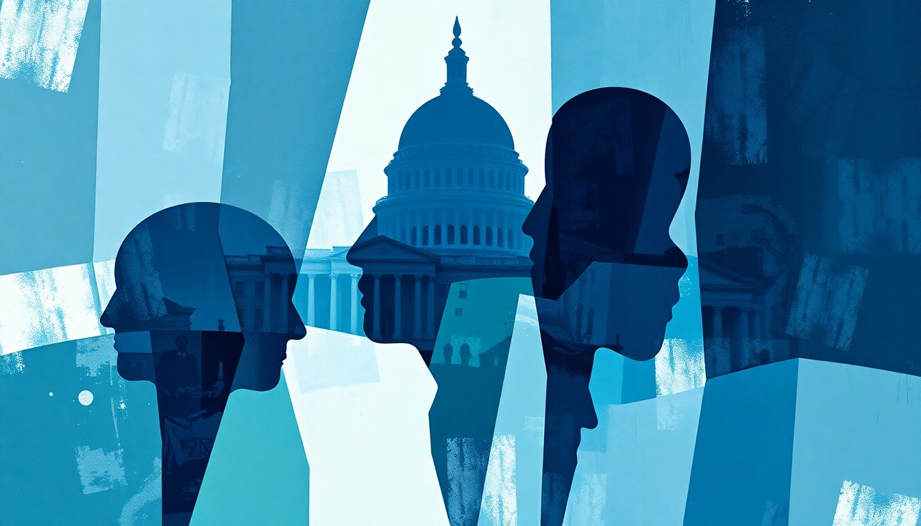 A fractured, abstract painting in cool tones depicting the overlapping, repeated outlines of a government building or political figure, conveying a sense of instability and change within the political system.