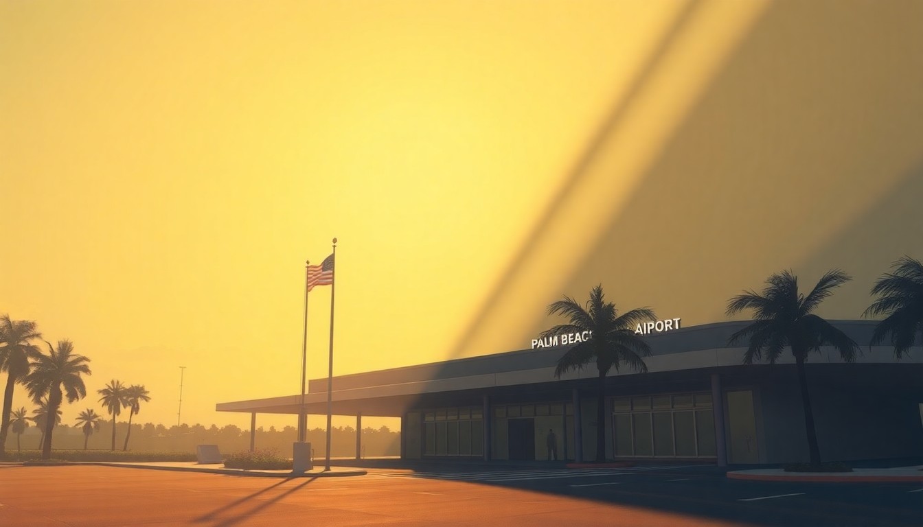 A photorealistic painting of the entrance to an airport terminal, with a solitary American flag waving in the warm sunlight and deep shadows creating a contemplative, cinematic mood.