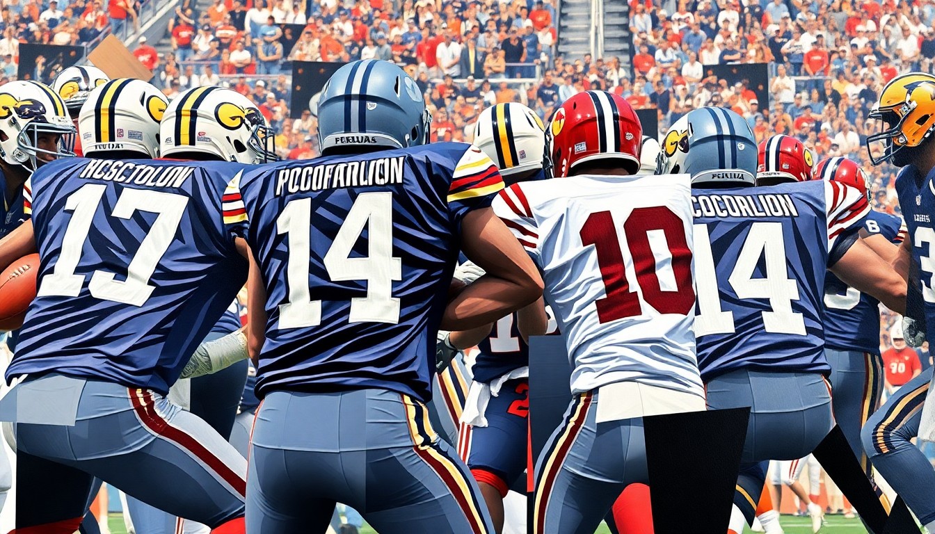 A fragmented, geometric painting depicting a college football game, with the players' jersey numbers as the central focus, broken down into sharp, overlapping planes of color and shape.