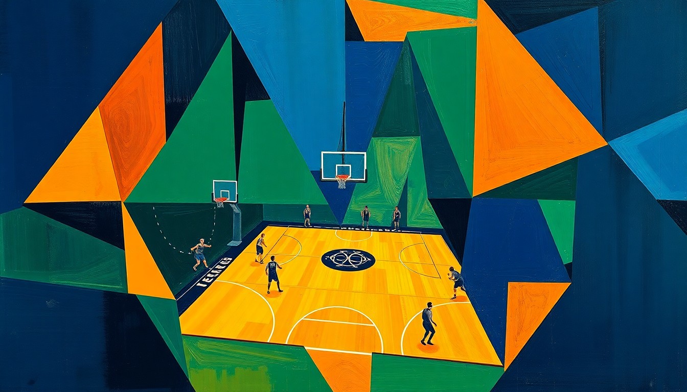 A cubist-inspired painting featuring overlapping geometric shapes and planes in navy, green, and orange hues, conceptually representing the disruption and fragmentation caused by a player's controversial social media comments.