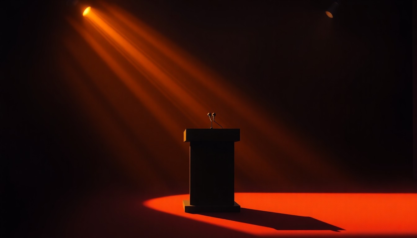 A dimly lit, cinematic painting of an empty political debate stage, with a lone podium bathed in warm, golden light and surrounded by deep shadows, conveying a sense of quiet contemplation and the high stakes of the mayoral contest.
