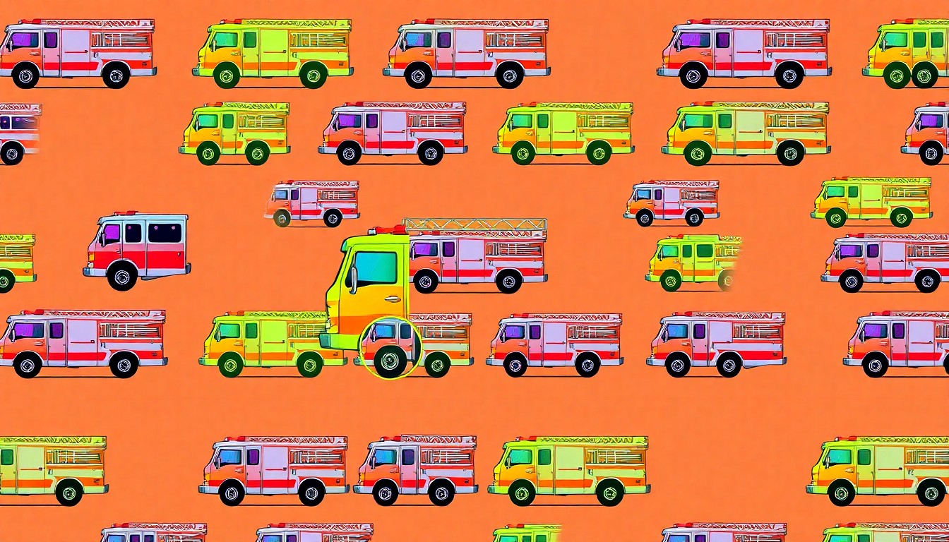 A bold, colorful silkscreen-style illustration featuring a repeating pattern of a fire truck icon in neon shades of red, orange, and yellow, conveying the energy and importance of the new fire station for the local community.