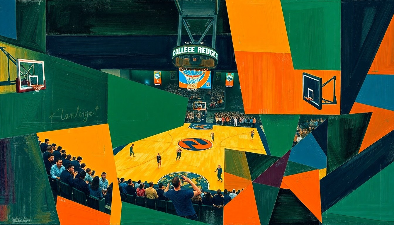 A cubist, geometric painting depicting the fragmented action of a college basketball game, using overlapping planes of navy, green, and orange to convey the dynamic energy of the sport.