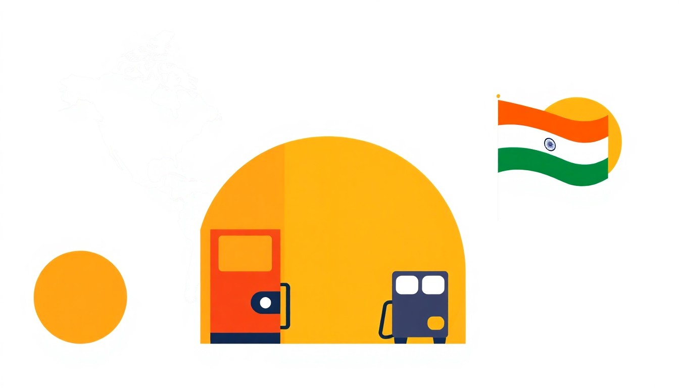 A geometric abstract illustration using bold shapes and primary colors to represent the complex economic forces impacting fuel costs for Indian consumers.