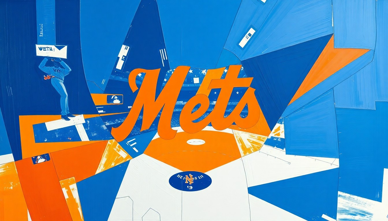 A cubist, geometric painting depicting the Mets' dramatic 10th inning rally, with sharp, overlapping planes of bright blue, orange, and white capturing the energy and movement of the game-winning play.