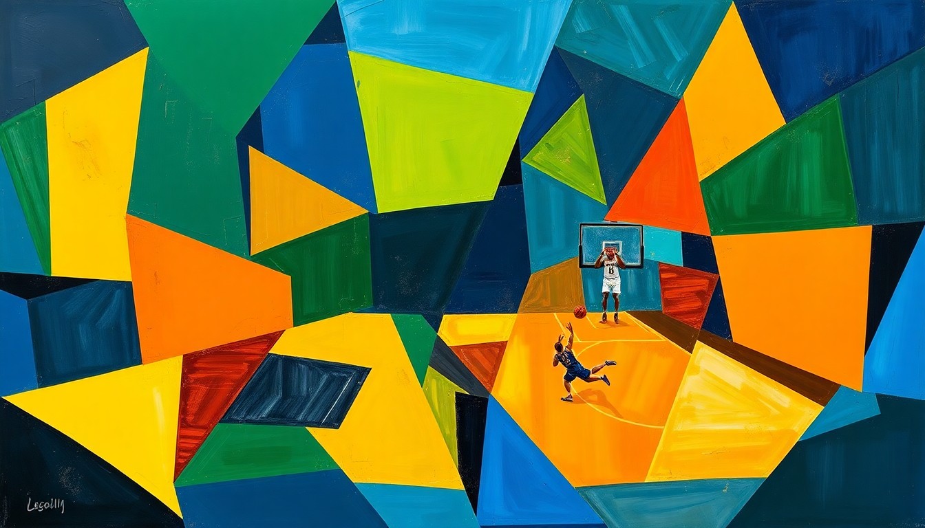A cubist, geometric painting depicting a basketball game in motion, with overlapping shapes and planes in shades of blue, green, and orange, conveying the intensity and movement of the sport.