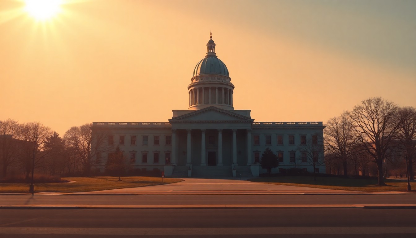 A serene, painterly depiction of the Kentucky state capitol building, its classical architecture and dome rendered in warm, muted tones and dramatic lighting, conveying a sense of political tension and negotiation.