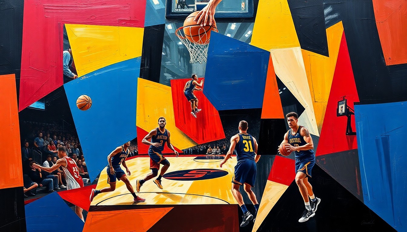 A fractured, multi-perspective painting depicting the dynamic action of a college basketball game, with the players' movements and the energy of the competition broken down into sharp, overlapping geometric shapes in the team colors of Arizona and Purdue.