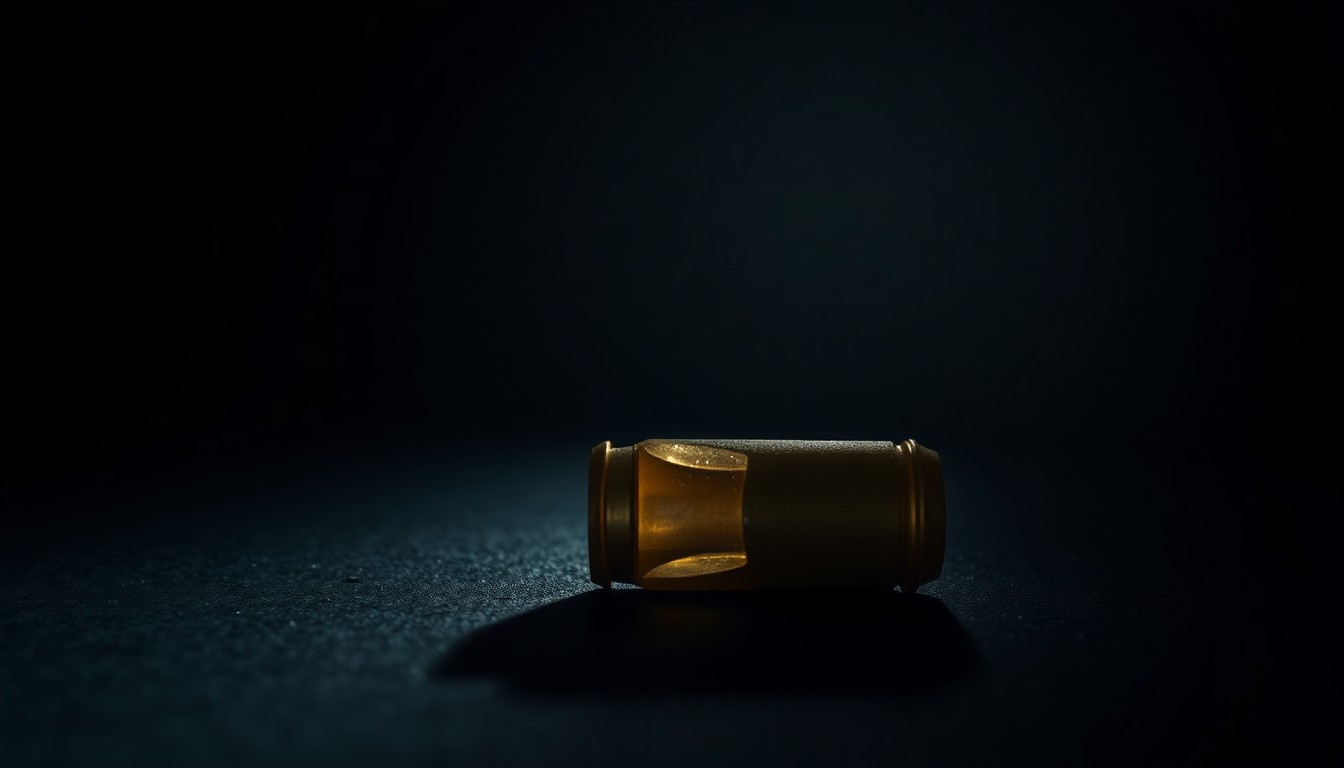 An extreme close-up photograph of a single spent shell casing on a dark surface, lit by a harsh, direct camera flash, conceptually illustrating the impact of gun violence on youth.