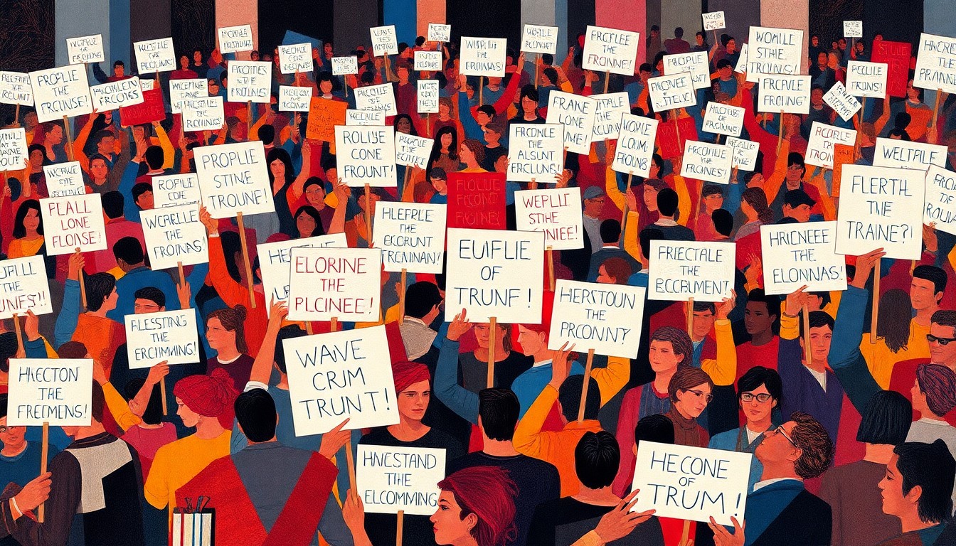 A dynamic, abstract painting featuring a crowd of protesters holding signs, the figures repeated in overlapping, geometric waves of bold colors, conceptually representing the grassroots resistance and political energy of the No Kings rally.