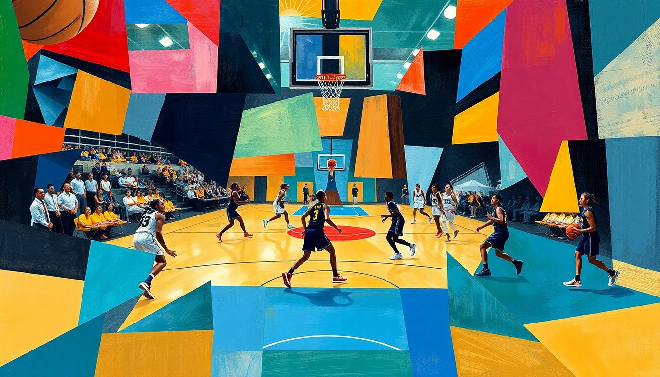 A fractured, multi-perspective painting that breaks down a women's basketball game into sharp, overlapping geometric planes of color, with no recognizable faces or logos.