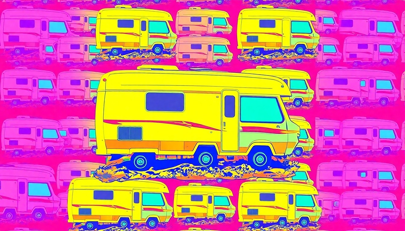 A high-contrast silkscreen print of a crushed camper shell repeated in a tight grid, using bright neon colors to transform the abandoned vehicle into a modern pop art piece, conveying the collaborative spirit of the clean-up effort.