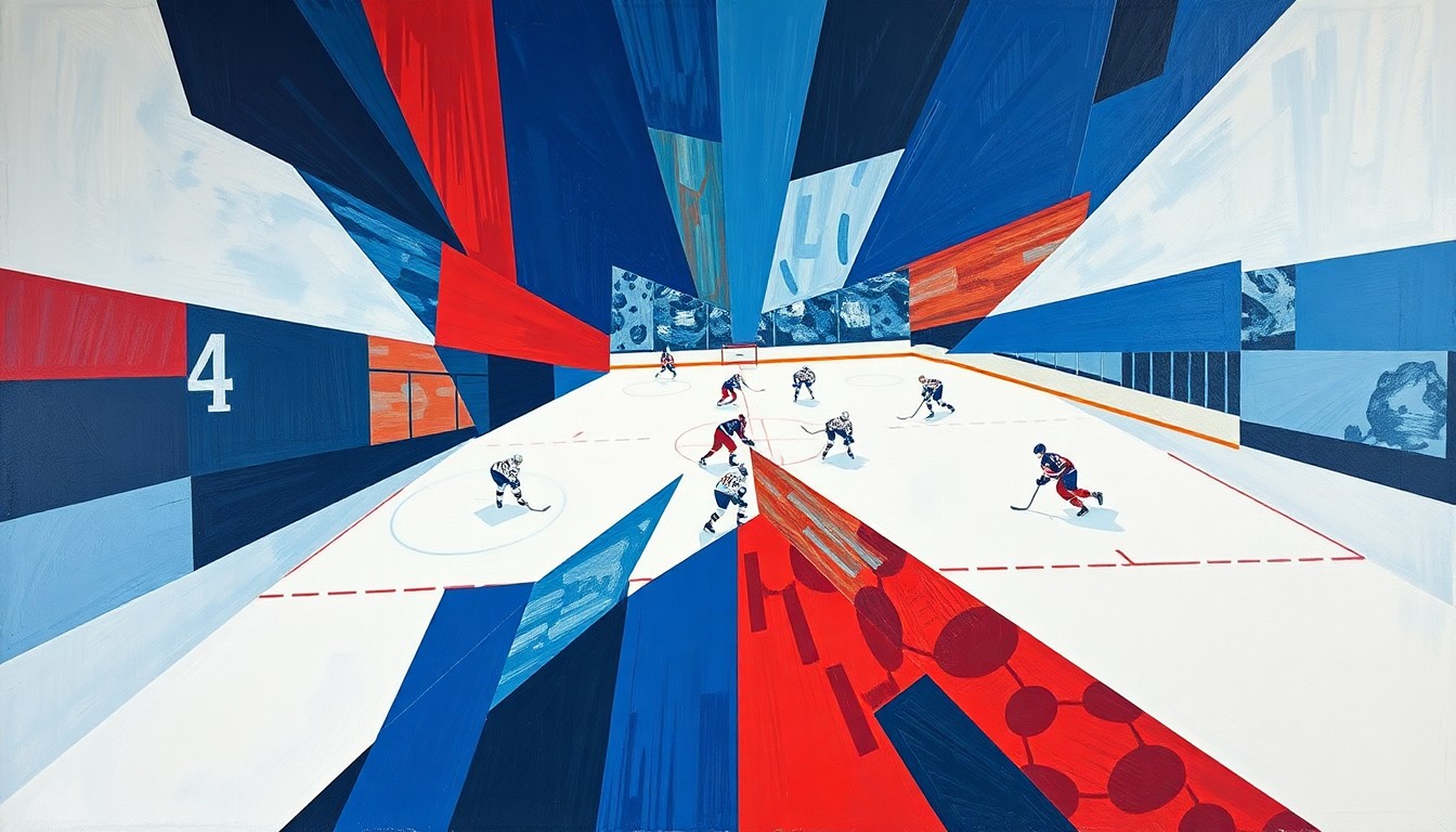 A cubist, geometric painting depicting a hockey game, with sharp, overlapping planes of blue, red, and white representing the action on the ice.