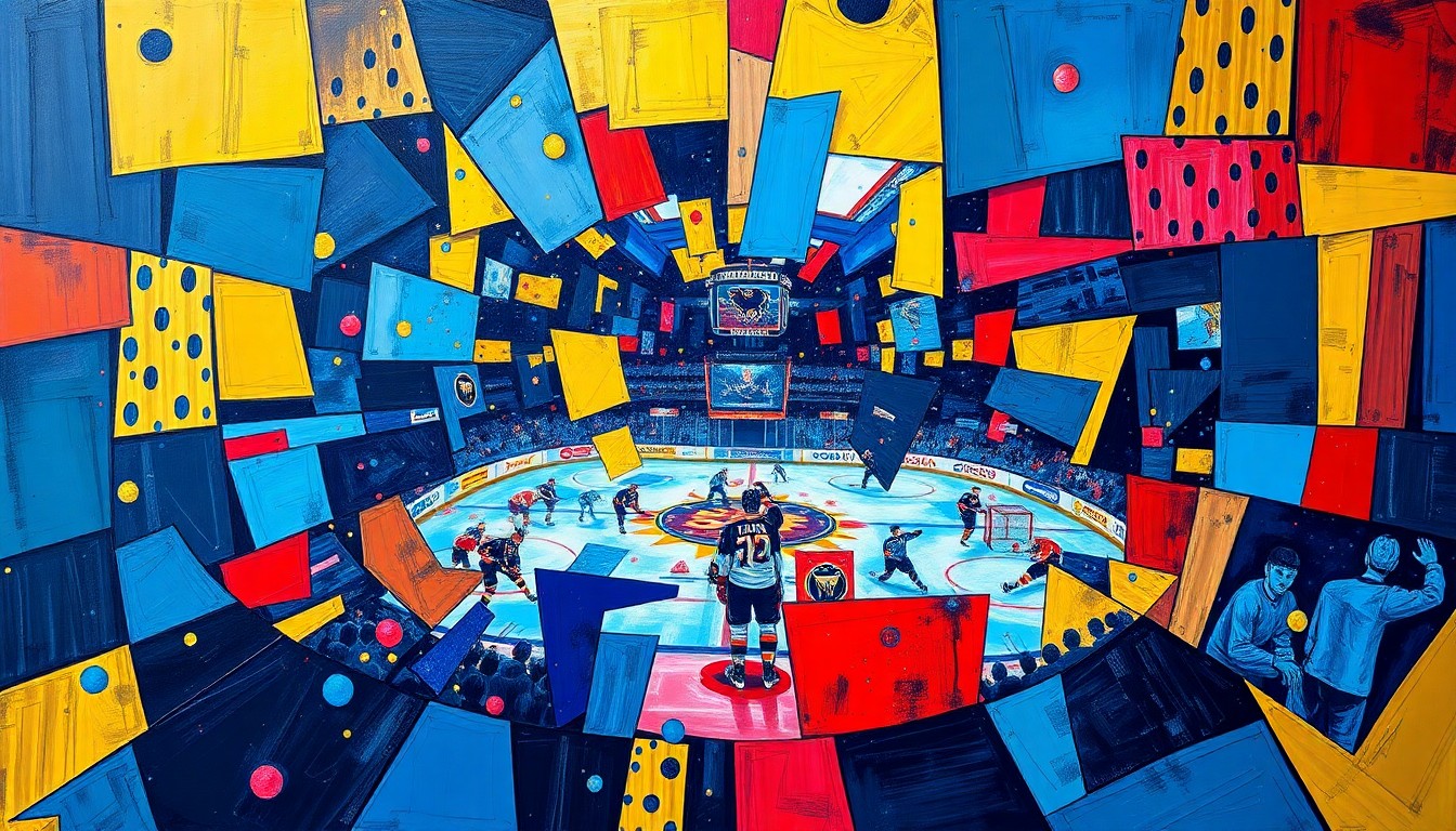 A cubist, geometric painting depicting a hockey game between the Buffalo Sabres and Seattle Kraken, with overlapping planes of vibrant blues, golds, and reds capturing the raw energy and intensity of the action on the ice.
