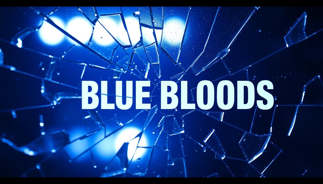 An abstract close-up photograph of shattered glass reflecting a soft blue light, conveying a sense of melancholy and finality surrounding the conclusion of the long-running TV drama 'Blue Bloods'.