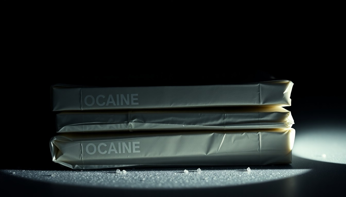 An extreme close-up photograph of a stack of tightly packaged cocaine bricks, conceptually illustrating the scale and intensity of the drug trafficking operation uncovered by law enforcement.