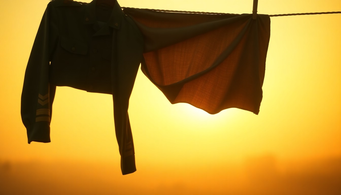An abstract, impressionistic photograph showing the soft, blurred outline of a military uniform hanging on a clothesline, the fabric gently moving in the wind and creating a dreamlike, nostalgic mood.