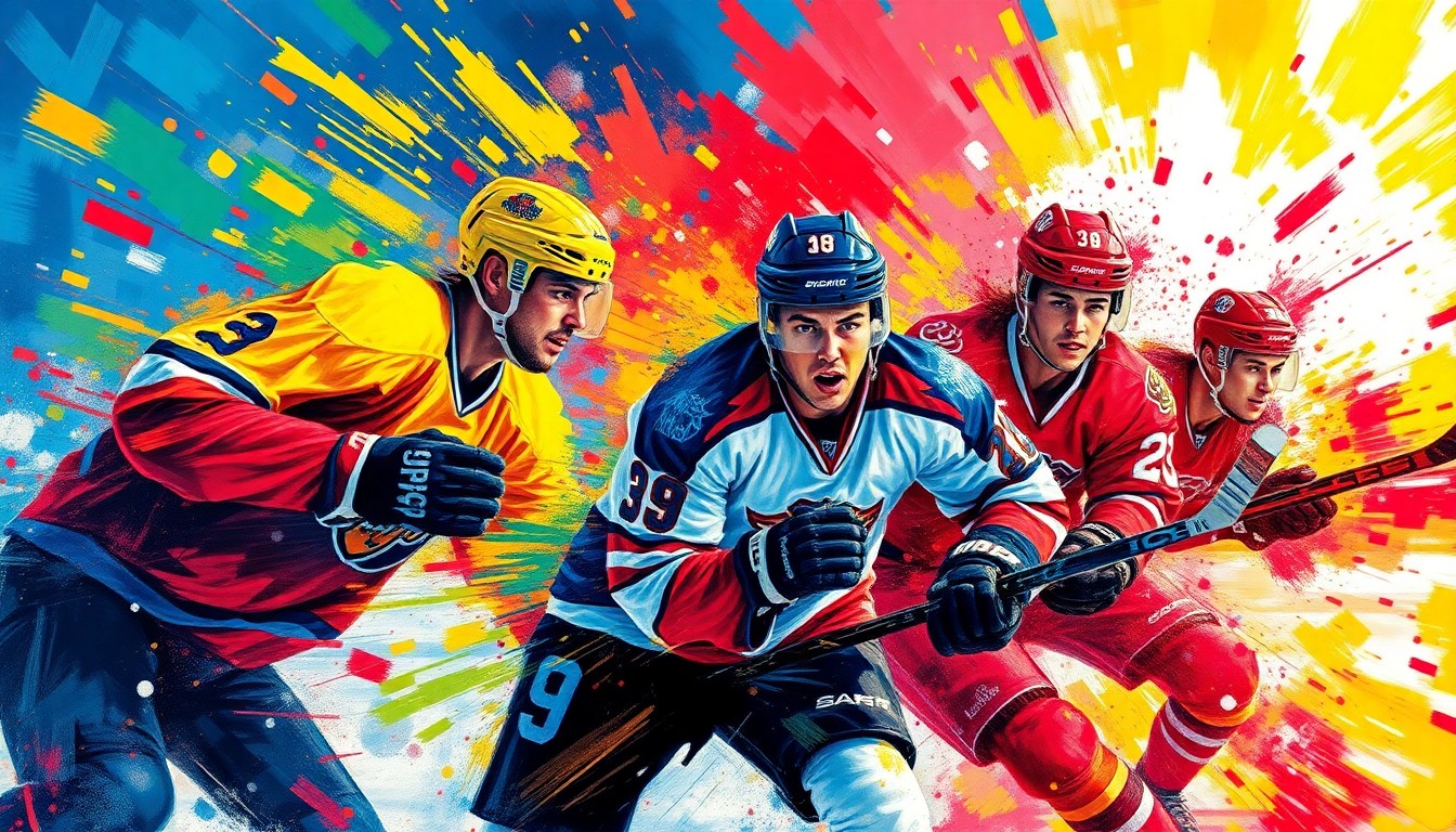 An abstract, expressionist painting in vibrant neon colors depicting the chaotic motion and energy of a hockey game, with players' forms dissolving into dynamic brushstrokes and splatters of paint.