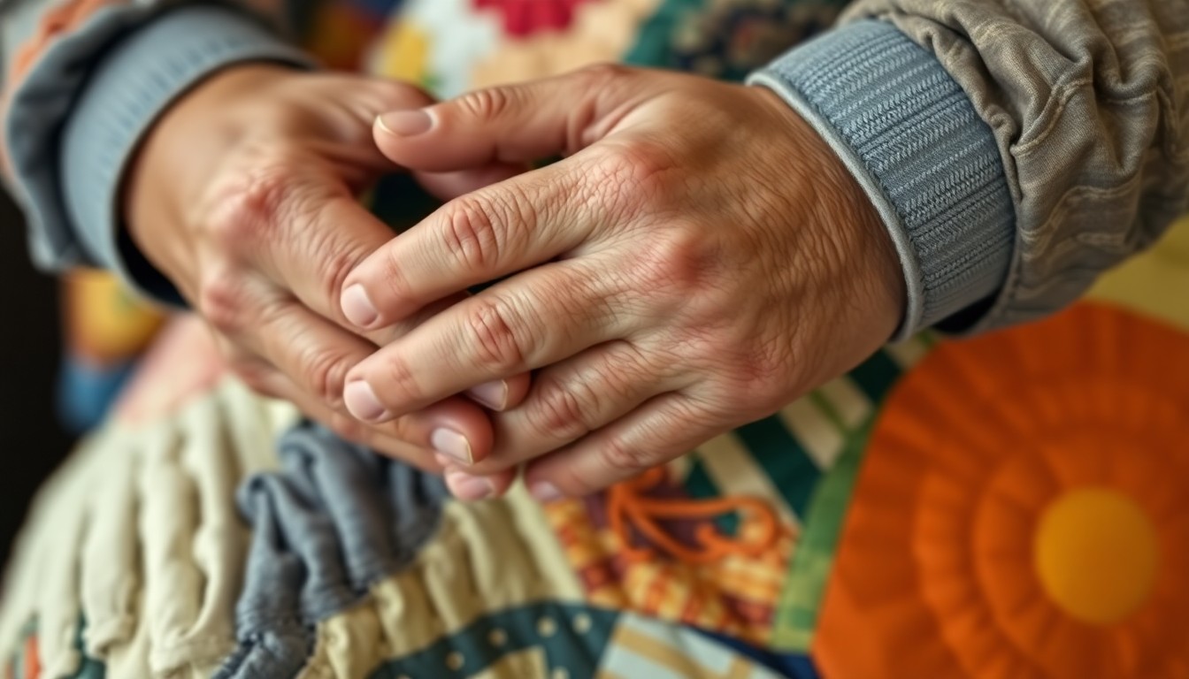 An abstract, out-of-focus photograph of a veteran's hands holding a handmade quilt, the quilt's patterns and colors blurred into soft, warm pools of light, conceptually representing the healing and comfort provided by the Quilts of Valor program.