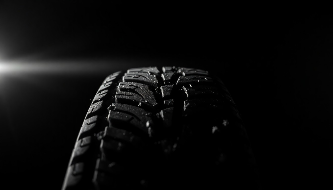 An extreme close-up photograph of a shredded tire tread against a pitch-black background, lit by a harsh camera flash, conceptually representing the chaos and danger of a high-speed police pursuit.