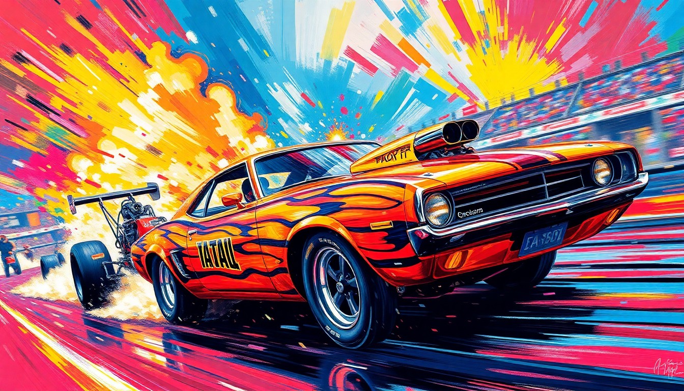An abstract, expressionist painting in neon colors depicting the intense speed and motion of a professional drag racing event, with no recognizable elements or text.