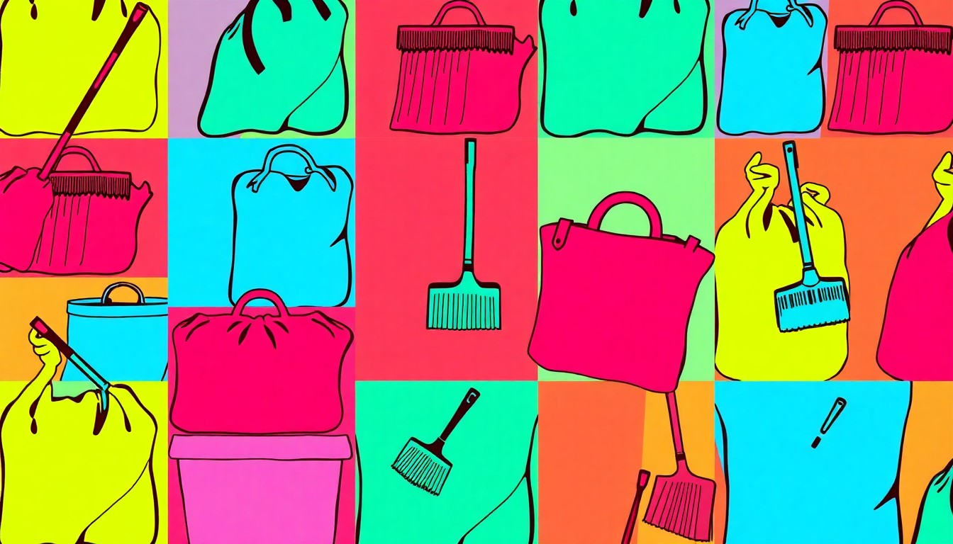 A high-contrast, silkscreen-style illustration featuring a repeated pattern of a single, iconic litter cleanup tool in a grid of bright, neon colors, conceptually representing the coordinated, city-wide initiative to reduce waste and beautify the local environment.