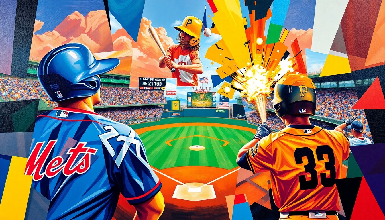 A fractured, multi-perspective painting in vibrant colors depicting the explosive action of a baseball game, with sharp geometric shapes and planes representing the dynamic movements of the players.