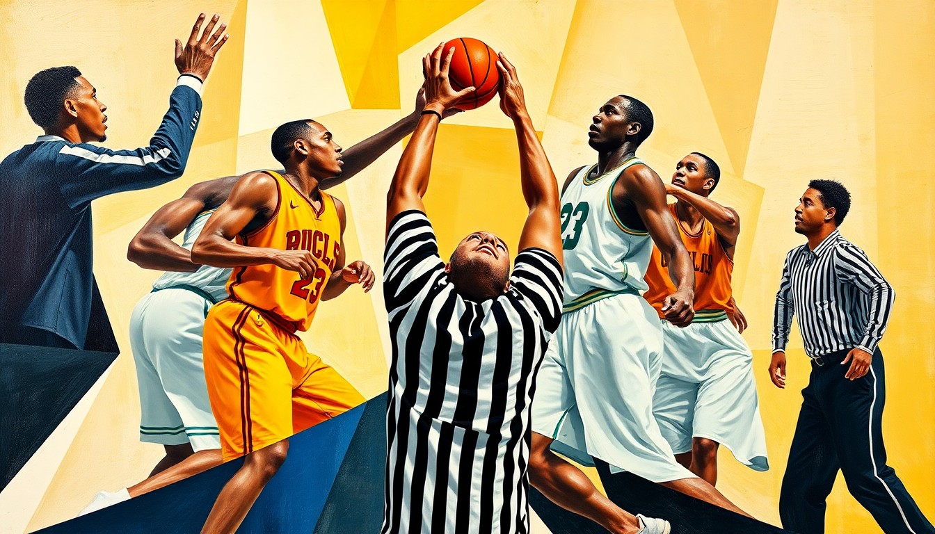 A cubist, geometric painting depicting the key moment of Oscar Cluff's play, with the players' bodies and the basketball broken down into abstracted, angular forms, hinting at the missed travel call by the referee.