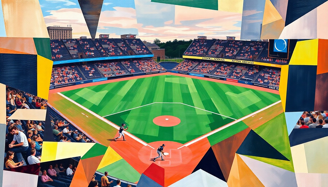 A cubist-style painting depicting a softball game in an abstract, fragmented manner, with the players, field, and stadium broken down into sharp, overlapping geometric shapes and planes of color.