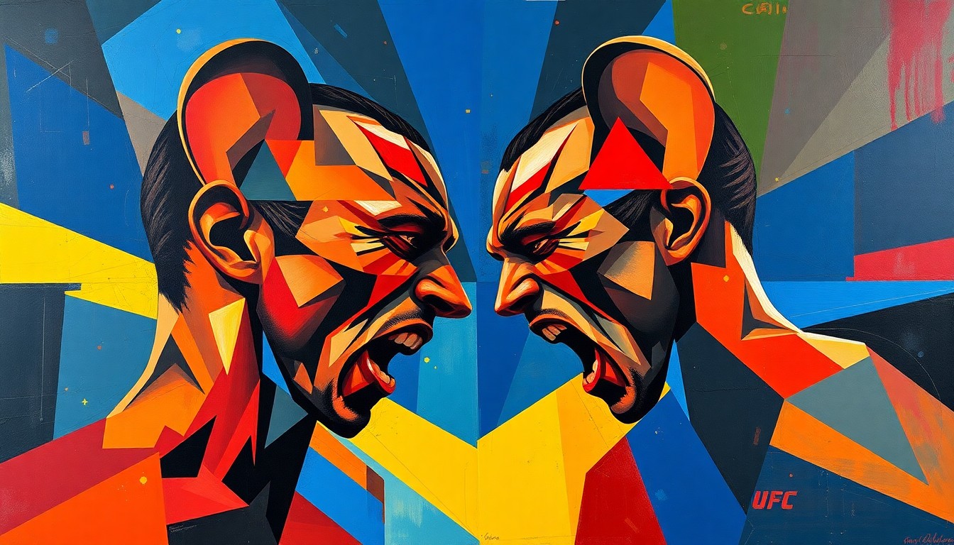 A cubist, geometric painting depicting the dynamic movements and actions of an MMA fighter, with sharp planes of color and overlapping perspectives conveying the intensity and skill of the sport.