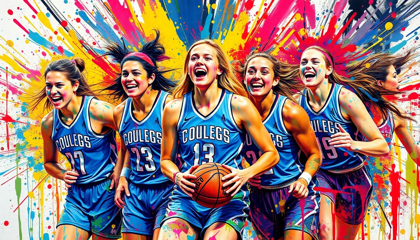 An abstract, expressionist painting in vibrant neon colors depicting the dynamic movement and energy of a women's college basketball team, with the players' forms dissolving into bold, gestural brushstrokes.