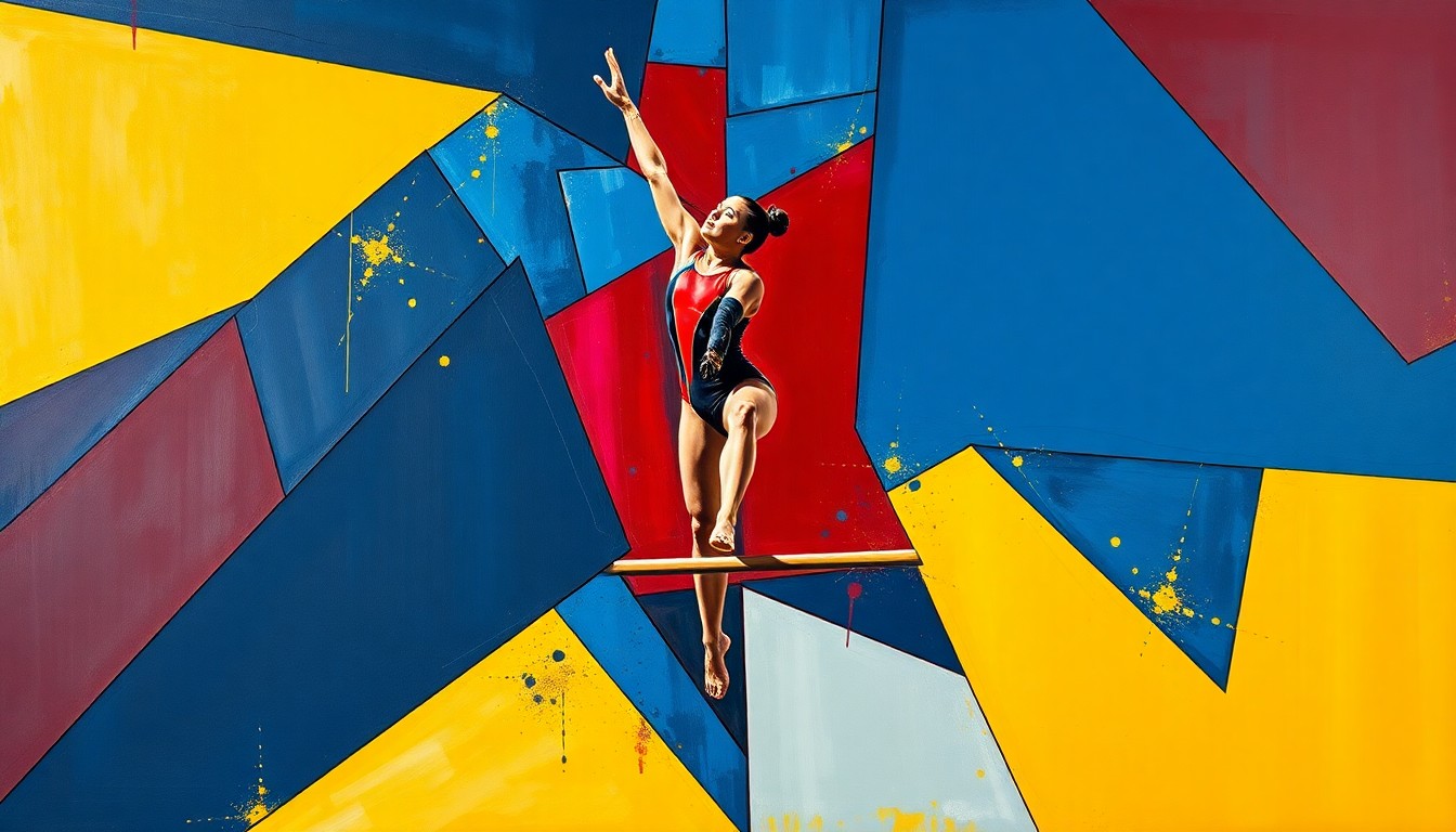 A cubist, geometric painting depicting a gymnast performing on the uneven bars, with her body fractured into sharp, overlapping planes of vibrant colors.