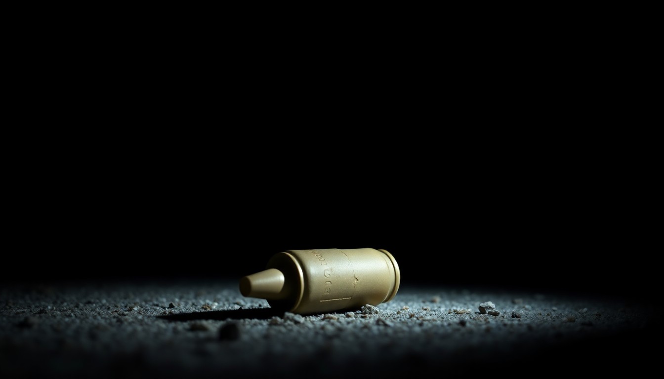 An extreme close-up photograph of a single spent shell casing on the ground, capturing the stark, gritty details of the object in a way that conceptually represents the investigation into a recent shooting incident.