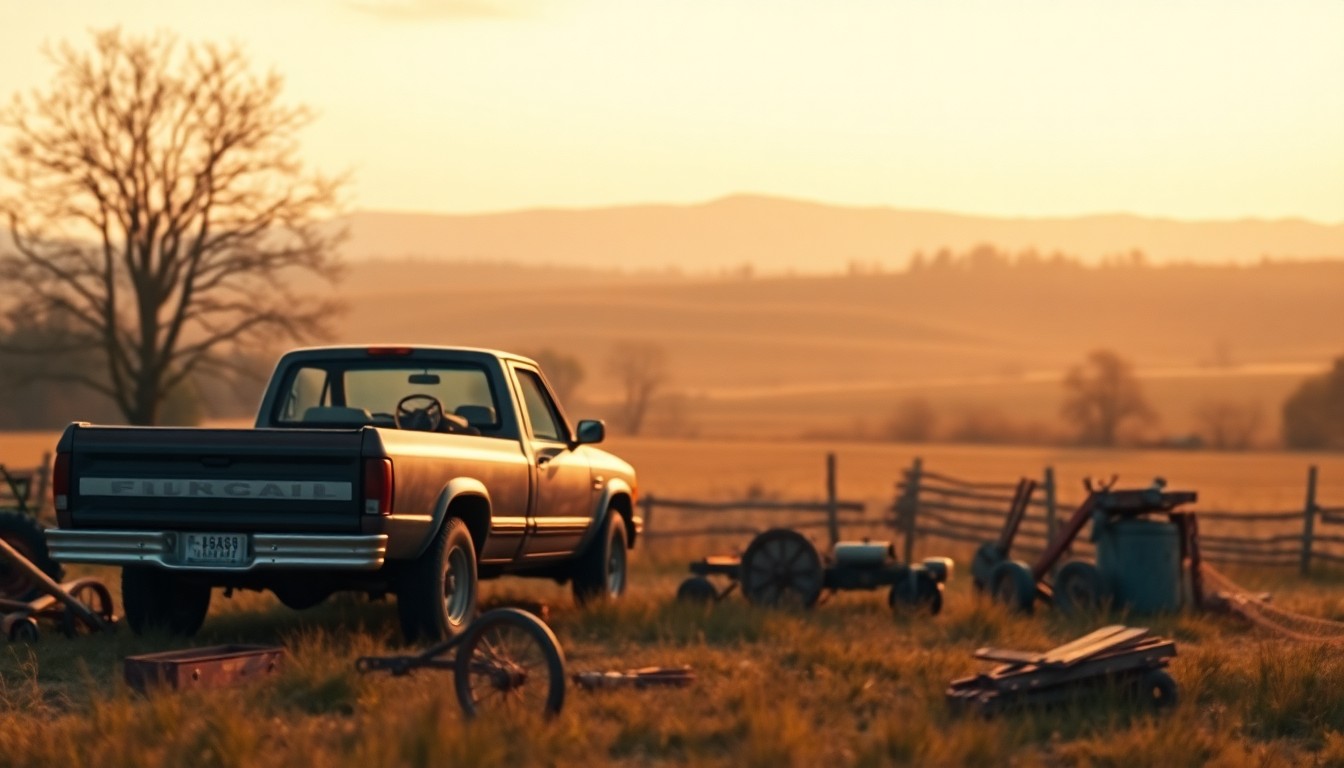 A hazy, dreamlike photograph in soft, earthy tones depicting a pickup truck, tools, and other farm equipment in the foreground, blurred against a backdrop of rolling hills and a cloudy sky, conveying a sense of nostalgia and the simple pleasures of country life.