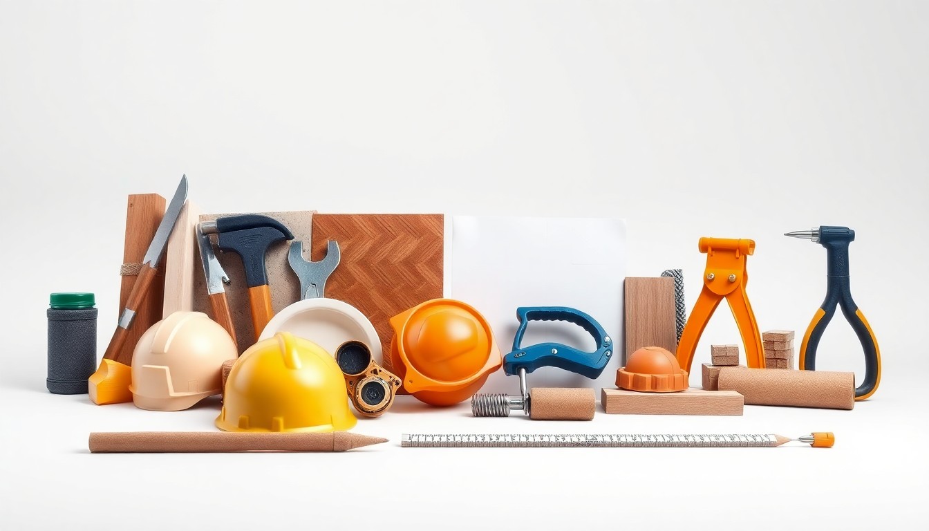 A high-end, photorealistic studio still-life photograph featuring a collection of premium construction materials and tools arranged elegantly on a clean, monochromatic seamless background, conceptually representing the precision and expertise of the construction industry.