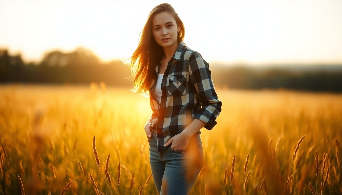 A hazy, dreamlike photograph of a young woman standing in a field, the warm sunlight casting a soft, golden glow across the scene, capturing the aspirational spirit of agricultural education.