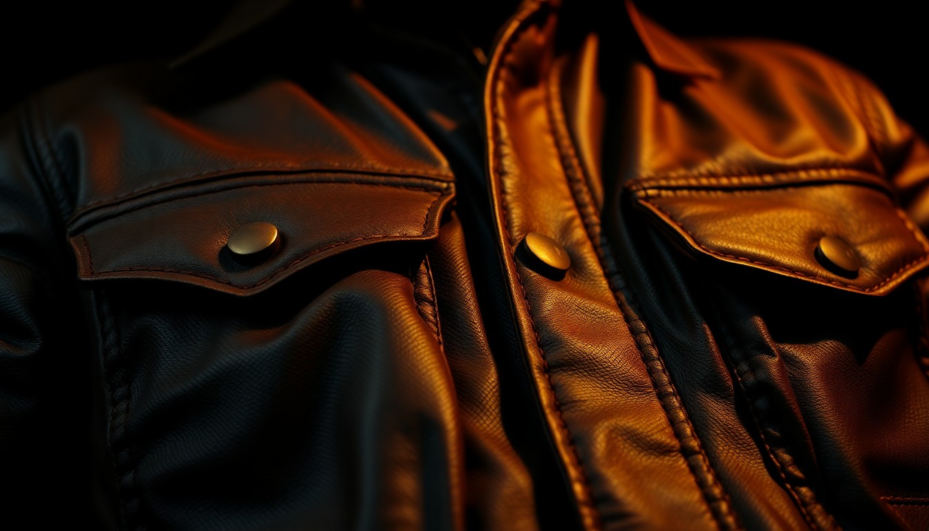 An extreme close-up photograph of a weathered, worn leather jacket, the material's texture captured in dramatic, high-contrast studio lighting to evoke the gritty, working-class spirit of Bruce Springsteen's music.