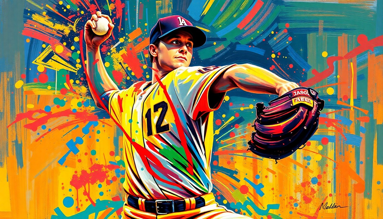 An abstract, expressionist painting featuring vibrant brushstrokes of neon orange, yellow, and blue, capturing the explosive motion and raw power of a baseball pitcher in mid-windup, with the player's face and uniform details obscured into unrecognizable splatters of color.