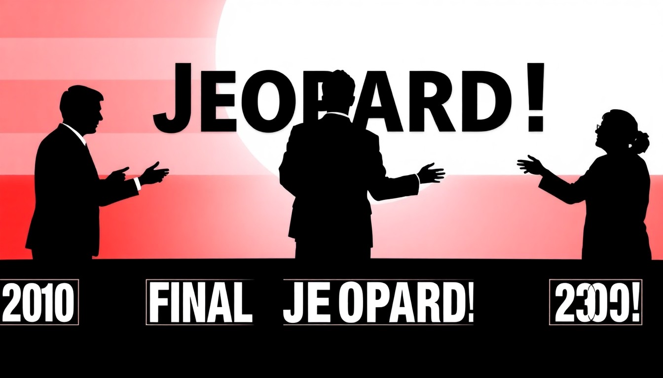 An abstract composition of bold, jagged black silhouettes and high-contrast solid colors like red and white, conceptually representing the drama and strategy of a game show contestant's decisive Final Jeopardy moment.