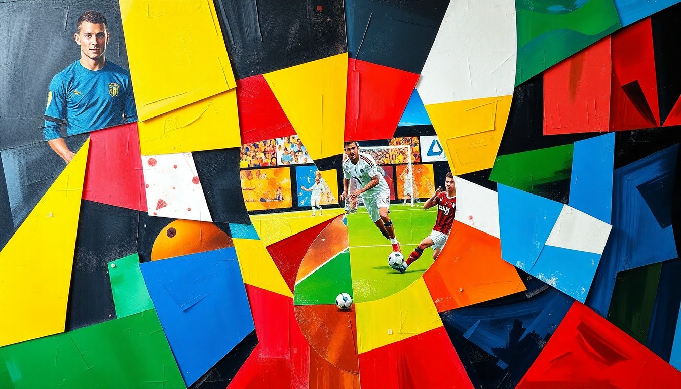 A cubist, geometric painting depicting a soccer match or competition, with sharp, overlapping planes of color representing the various teams and players involved.