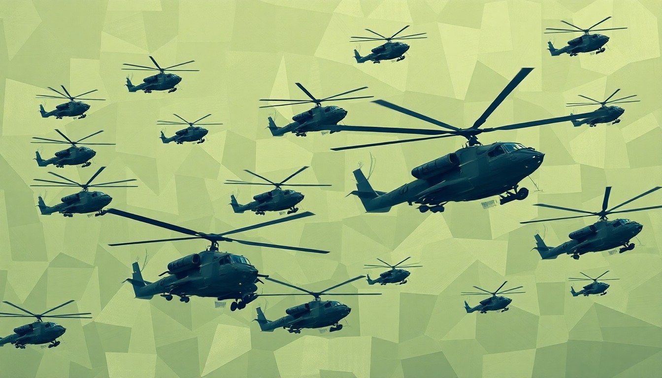 A dynamic, abstract painting of military helicopters in flight, with their forms repeating and overlapping in a fractured, geometric style, conveying a sense of motion and power.