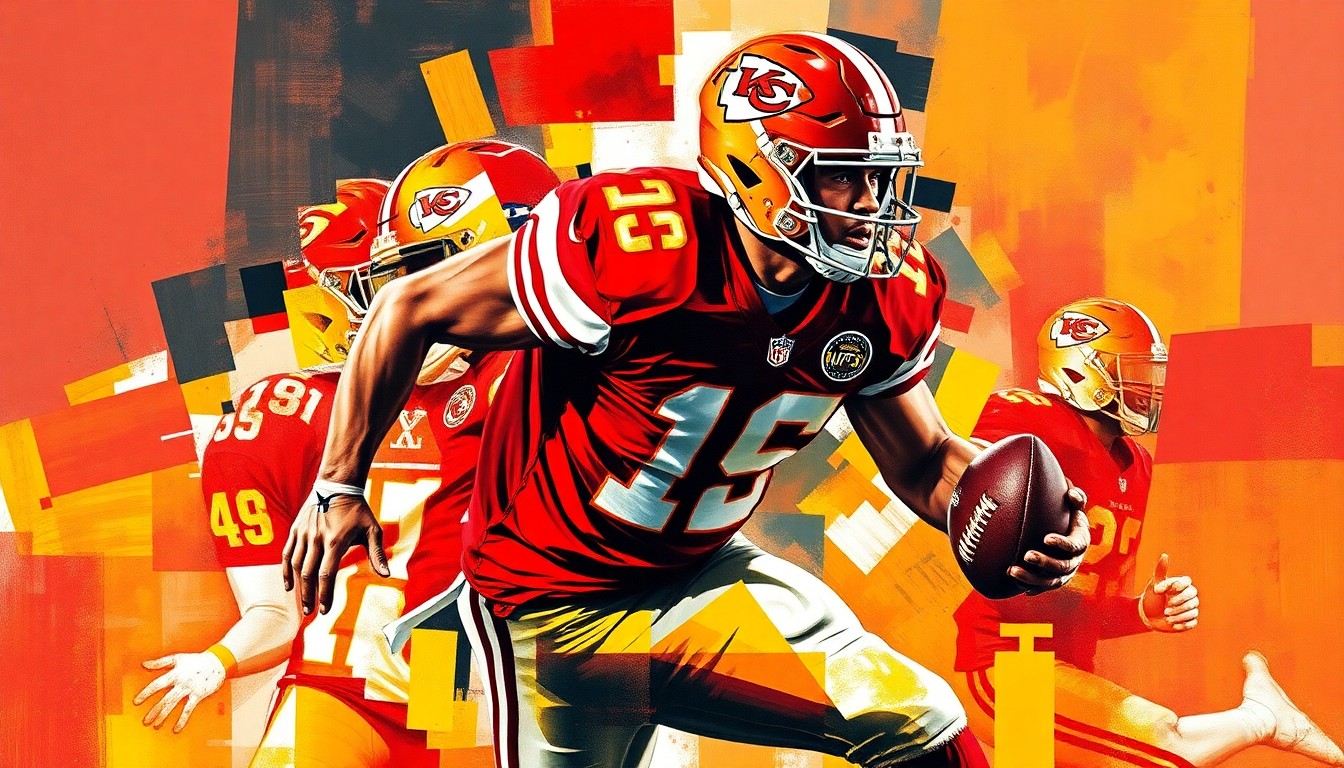 A fragmented, geometric painting depicting a football player in motion, with sharp planes of red, gold, and black representing the Kansas City Chiefs' team colors and the complex rehabilitation process.