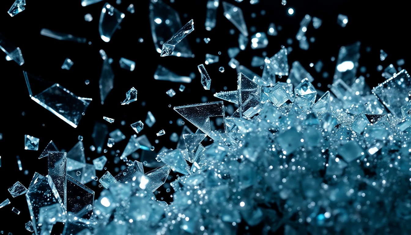 An abstract, high-contrast close-up image of shattered glass and glittering sequins, conveying the glamour and intensity of the soap opera drama.