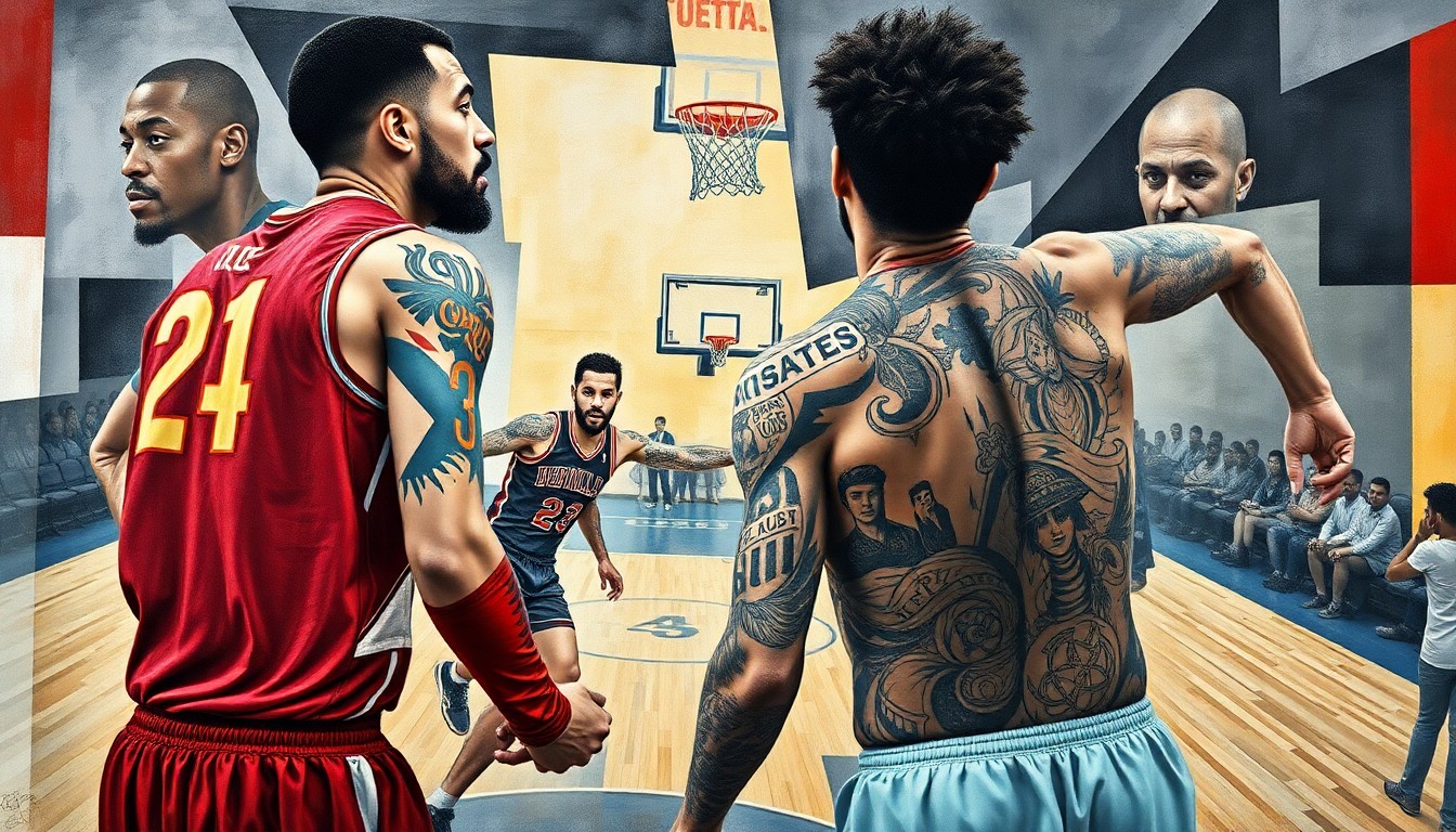 A cubist, geometric painting depicting the players' tattoos in the foreground, with their bodies and the basketball court fading into the background in a fractured, multi-perspective style.