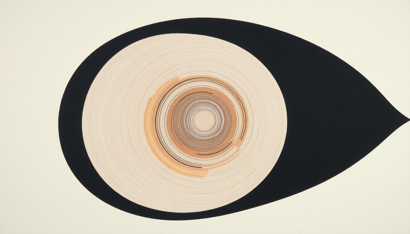 A bold, abstract painting in soft blues, greens, and grays featuring sweeping geometric arcs, concentric circles, and precise spirals, conceptually representing the complex scientific forces and vibrations behind a new sound wave fire suppression system.