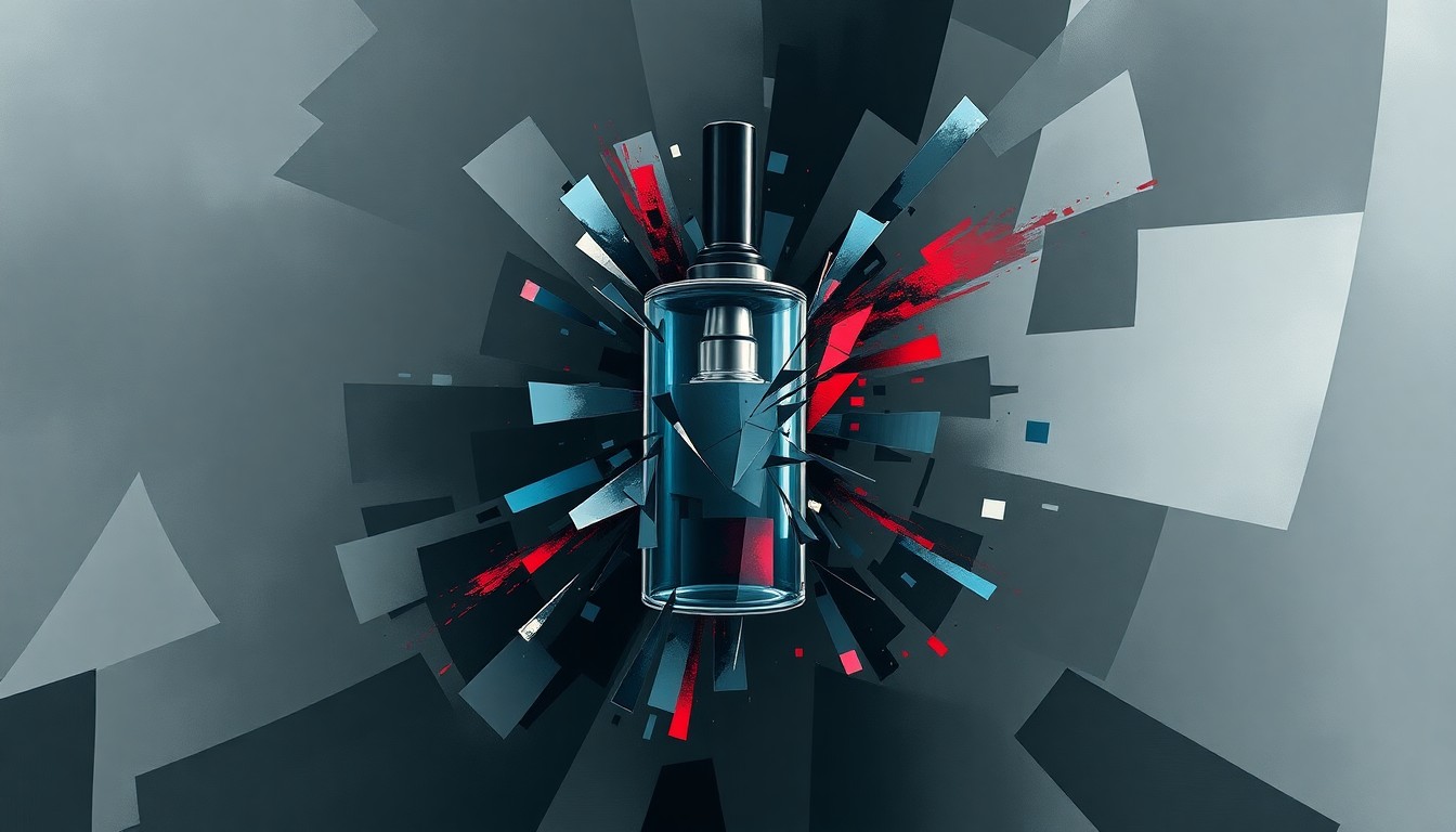 A fractured, abstract painting depicting the overlapping, repeating image of a shattered vape cartridge in a palette of dark greys, blues, and reds, conveying a sense of disruption and chaos surrounding the issue of illicit Chinese-made vape products.